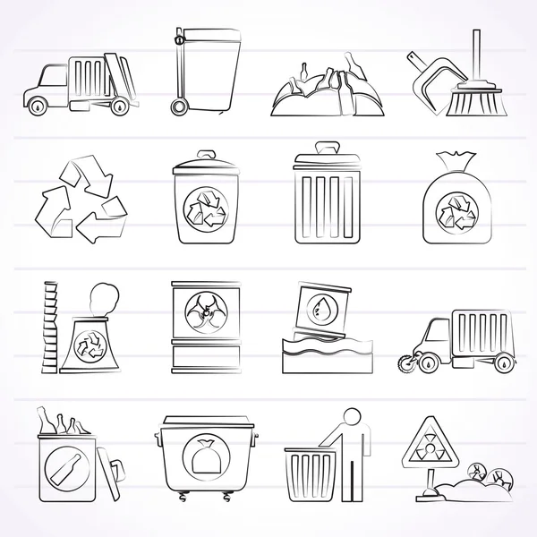 Odpadků, čištění a odpadky ikony — Stockový vektor