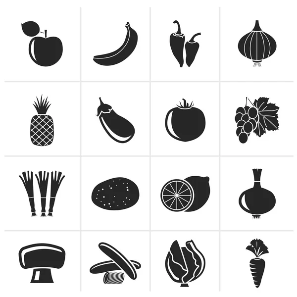 Black verschillende soorten groenten en fruit pictogrammen — Stockvector