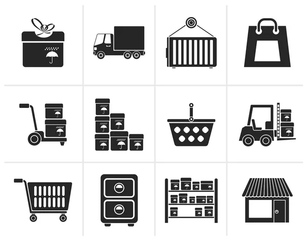 Negro Almacenamiento, transporte, carga y envío iconos — Vector de stock