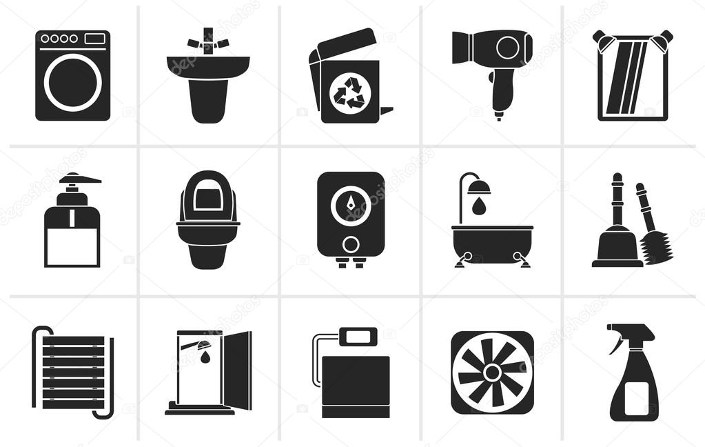 Black Bathroom and toilet objects and icons