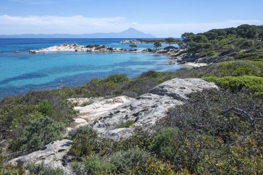 Karydi Sahili yakınlarındaki Sithonia kıyı şeridi, Chalkidiki, Orta Makedonya, Yunanistan