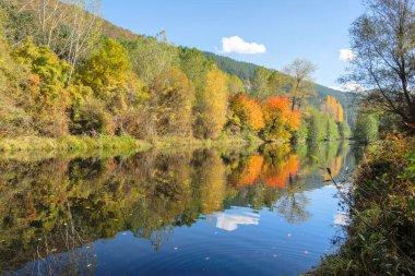 Bulgaristan 'ın Sofya kentinin Pancharevo Gölü yakınlarından geçen Iskar Nehri' nin Sonbahar Manzarası