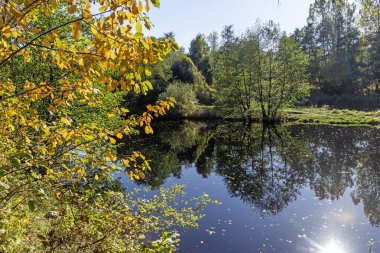 Bulgaristan 'ın Sofya kentinin Pancharevo Gölü yakınlarından geçen Iskar Nehri' nin Sonbahar Manzarası