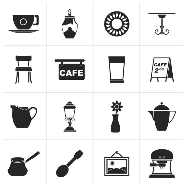 Negro Café y cafetera iconos — Vector de stock