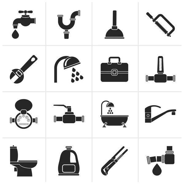 Black plumbing objects and tools icons — Stock Vector