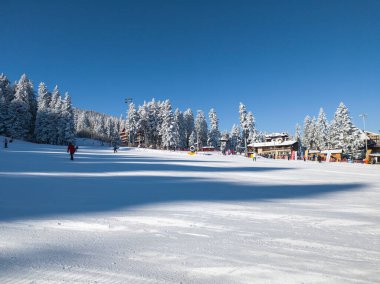 BOROVETS, BULGARIA - 20 Şubat 2025: Bulgaristan 'ın Sofya Bölgesindeki Rila Dağı' ndaki Borovets kayak merkezinin kış manzarası