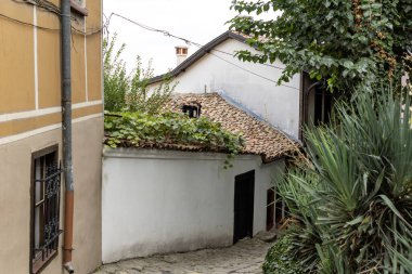Typical street and houses at The old town of city of Plovdiv, Bulgaria