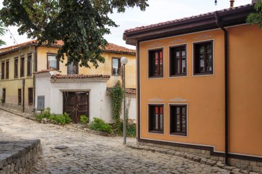 Typical street and houses at The old town of city of Plovdiv, Bulgaria