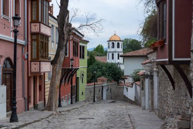 Typical street and houses at The old town of city of Plovdiv, Bulgaria