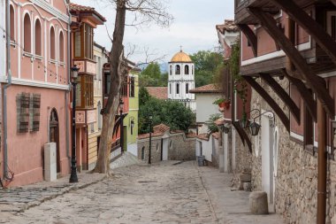 Typical street and houses at The old town of city of Plovdiv, Bulgaria