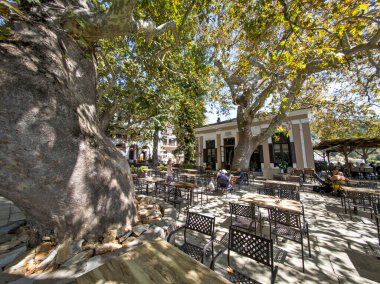 MAKRINITSA, THESSALY, GREECE - 8 Eylül 2025: Yunanistan 'ın Selanik kentindeki Pelion Dağı' ndaki Makrinitsa Köyü 'nün muhteşem manzarası