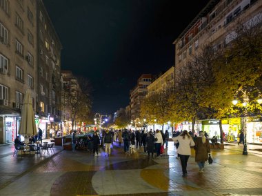 SOFYA, BULGARIA - 13 Eylül 2025: Bulgaristan 'ın Sofya Şehir Merkezi' nin panoramik gece manzarası
