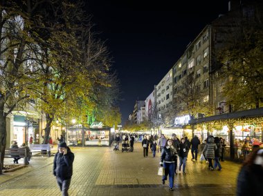 SOFYA, BULGARIA - 13 Eylül 2025: Bulgaristan 'ın Sofya Şehir Merkezi' nin panoramik gece manzarası