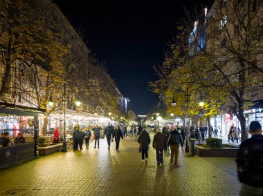 SOFYA, BULGARIA - 13 Eylül 2025: Bulgaristan 'ın Sofya Şehir Merkezi' nin panoramik gece manzarası