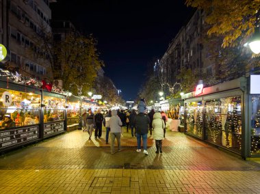 SOFYA, BULGARIA - 13 Eylül 2025: Bulgaristan 'ın Sofya Şehir Merkezi' nin panoramik gece manzarası