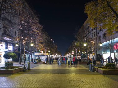 SOFYA, BULGARIA - 13 Eylül 2025: Bulgaristan 'ın Sofya Şehir Merkezi' nin panoramik gece manzarası