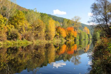 Bulgaristan 'ın Sofya kentinin Pancharevo Gölü yakınlarından geçen Iskar Nehri' nin Sonbahar Manzarası