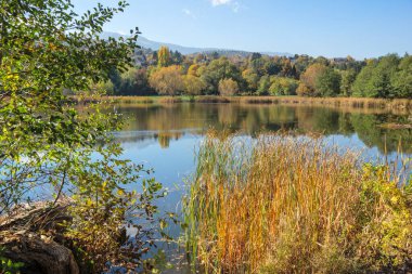 Bulgaristan 'ın Sofya kentinin Pancharevo Gölü yakınlarından geçen Iskar Nehri' nin Sonbahar Manzarası