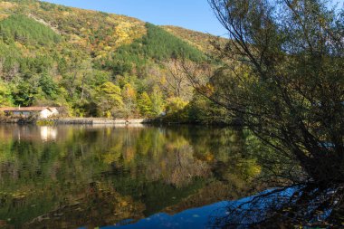 Bulgaristan 'ın Sofya kentinin Pancharevo Gölü yakınlarından geçen Iskar Nehri' nin Sonbahar Manzarası