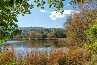 Bulgaristan 'ın Sofya kentinin Pancharevo Gölü yakınlarından geçen Iskar Nehri' nin Sonbahar Manzarası