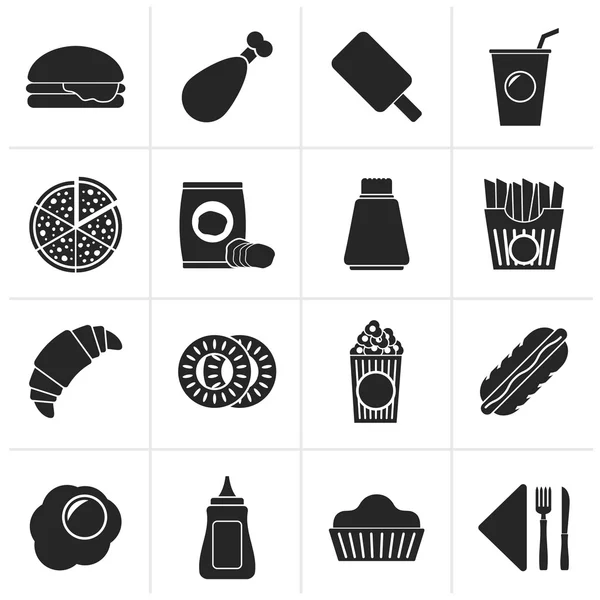 Iconos negros de comida rápida y bebida — Vector de stock