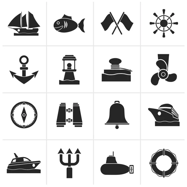 Black Marine, sea and nautical icons — Stock Vector