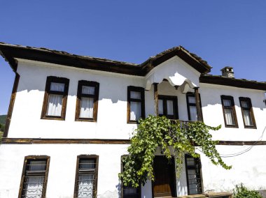 Bulgaristan 'ın Blagoevgrad bölgesindeki Otantik 19. yüzyıl evleriyle Dolen Köyü manzarası