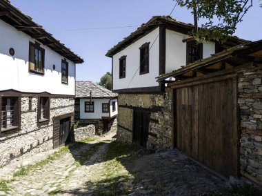 Bulgaristan 'ın Blagoevgrad bölgesindeki Otantik 19. yüzyıl evleriyle Dolen Köyü manzarası