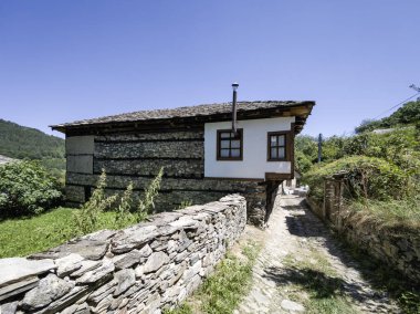 Bulgaristan 'ın Blagoevgrad bölgesindeki Otantik 19. yüzyıl evleriyle Dolen Köyü manzarası