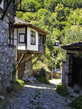 Bulgaristan 'ın Blagoevgrad bölgesindeki Otantik 19. yüzyıl evleriyle Dolen Köyü manzarası