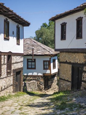 Bulgaristan 'ın Blagoevgrad bölgesindeki Otantik 19. yüzyıl evleriyle Dolen Köyü manzarası