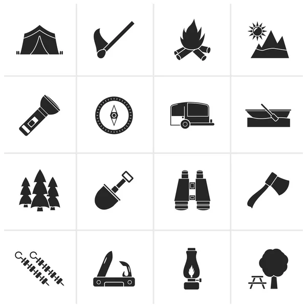 Black Camping, viajes e iconos del turismo — Vector de stock