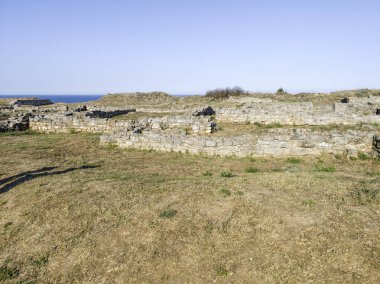 Bulgaristan 'ın Kaliakra Burnu, Dobrich Bölgesi' ndeki Karadeniz kıyısı ve Antik kalıntıları