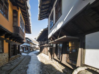 ETAR, GABROVO, BULGARIA - 2 Ocak 2025: Bulgaristan 'ın Gabrovo kenti yakınlarındaki Etara Etnoğrafya Köyü' nün kış manzarası