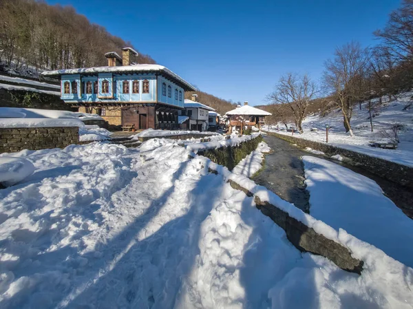 ETAR, GABROVO, BULGARIA - 2 Ocak 2025: Bulgaristan 'ın Gabrovo kenti yakınlarındaki Etara Etnoğrafya Köyü' nün kış manzarası