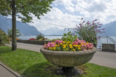 Montreux şehrinin yaz panoraması, Vaud Kantonu, İsviçre