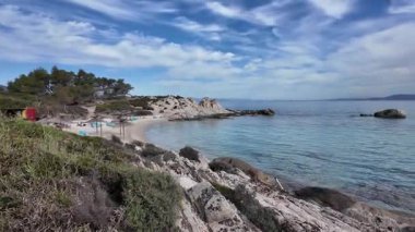 Orange Beach, Chalkidiki, Orta Makedonya ve Yunanistan yakınlarındaki Sithonia kıyı şeridinin inanılmaz manzarası