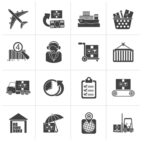 Cargo czarny, logistyczne i wysyłki ikony — Wektor stockowy