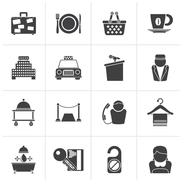 Iconos de servicios de hotel y motel negro — Vector de stock