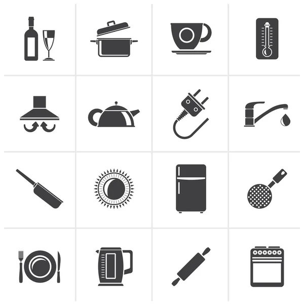 Objetos de cocina negro e iconos accesorios — Vector de stock