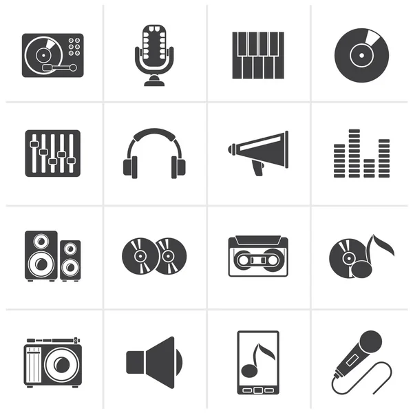 Zwarte muziek en audio-apparatuur pictogrammen — Stockvector