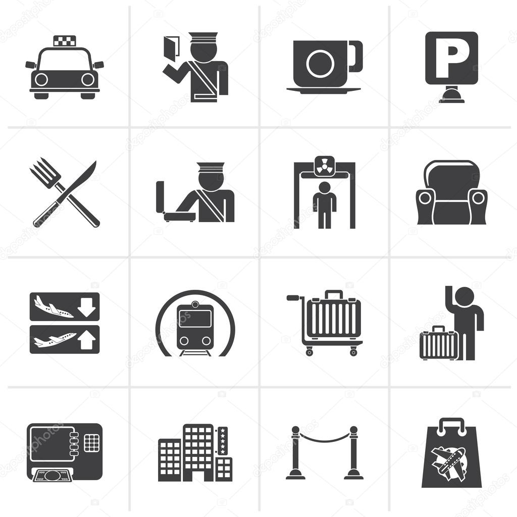 Black Airport, travel and transportation icons