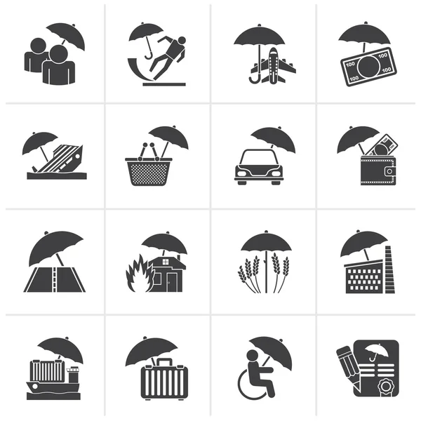 Iconos de seguros, riesgos y negocios negros — Archivo Imágenes Vectoriales