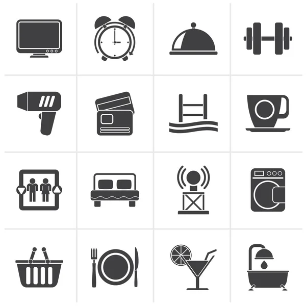 Iconos de las instalaciones de Black Hotel y Motel — Vector de stock