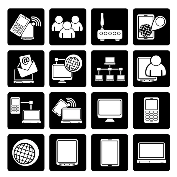 Black communicatie en technologie apparatuur pictogrammen — Stockvector