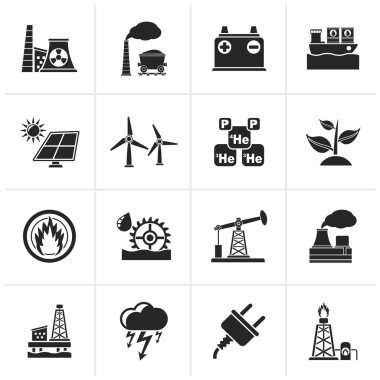 Siyah elektrik ve enerji kaynağı simgeleri - vektör Icon set