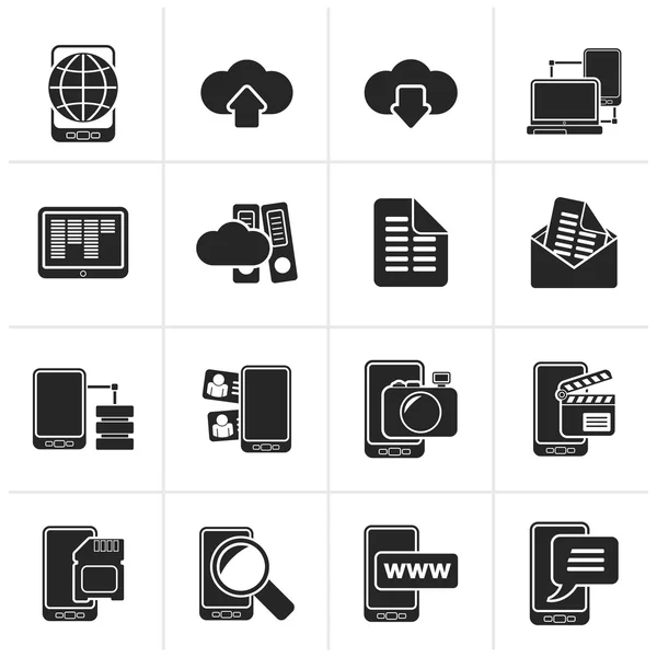 Icone nere di connessione, comunicazione e telefono cellulare — Vettoriale Stock