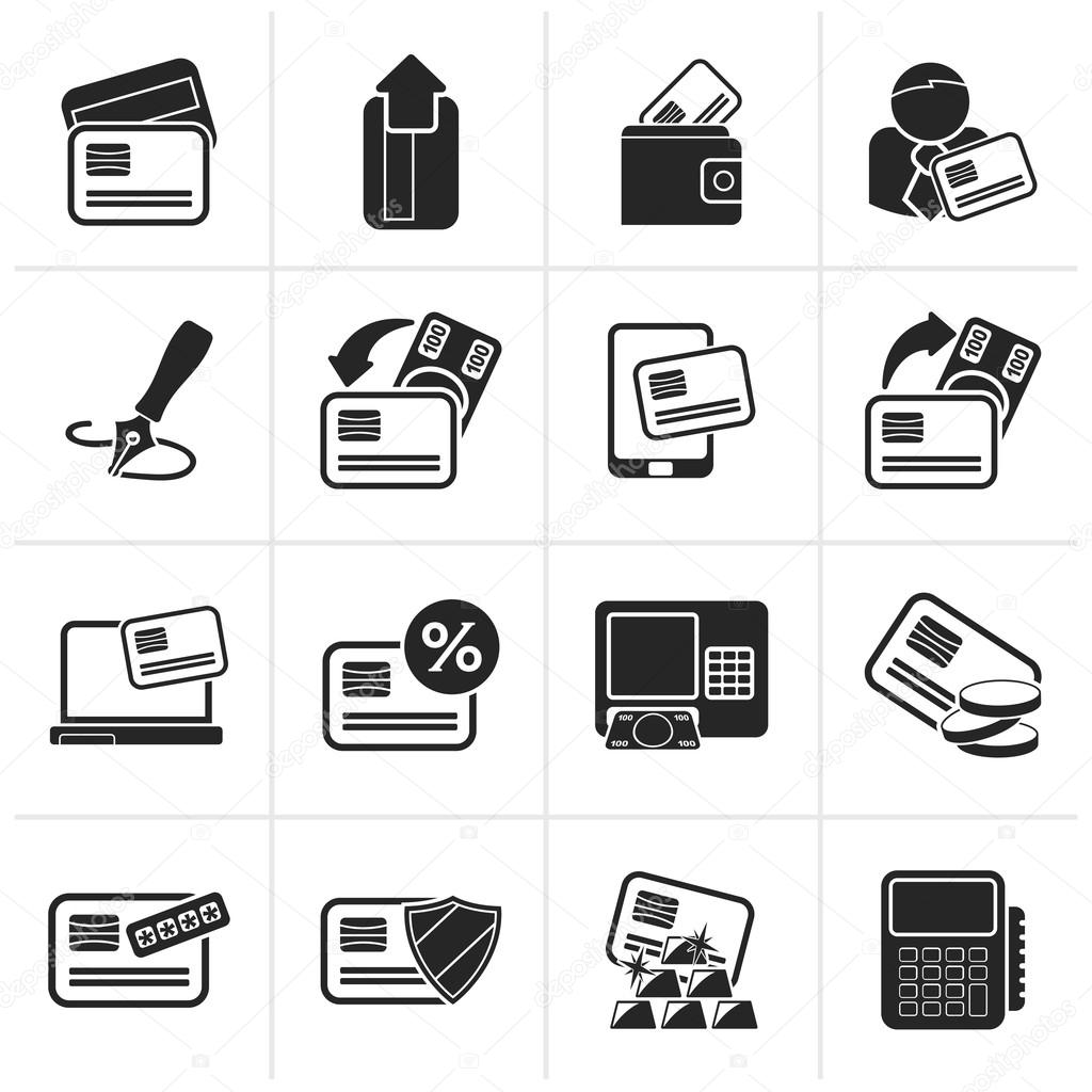 Black credit card, POS terminal and ATM icons