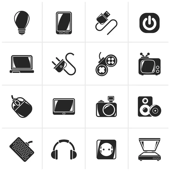 Iconos de objetos de dispositivos electrónicos negros — Vector de stock