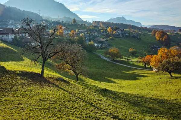 Jesiennego krajobrazu typowego Szwajcaria miejscowości w pobliżu miasta Interlaken — Zdjęcie stockowe
